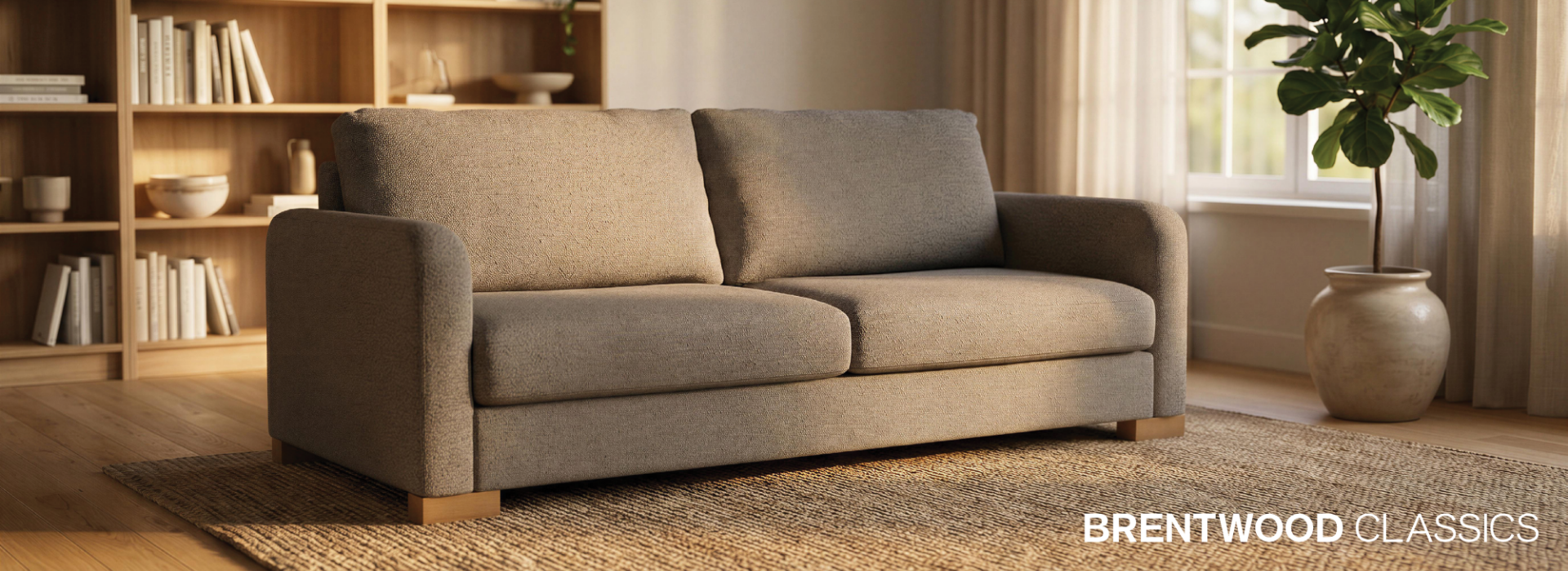 Brentwood Free Form Collection. Benchmade in Canada. Picture shows the Tennison sofa with wide square track arms and low profile view.